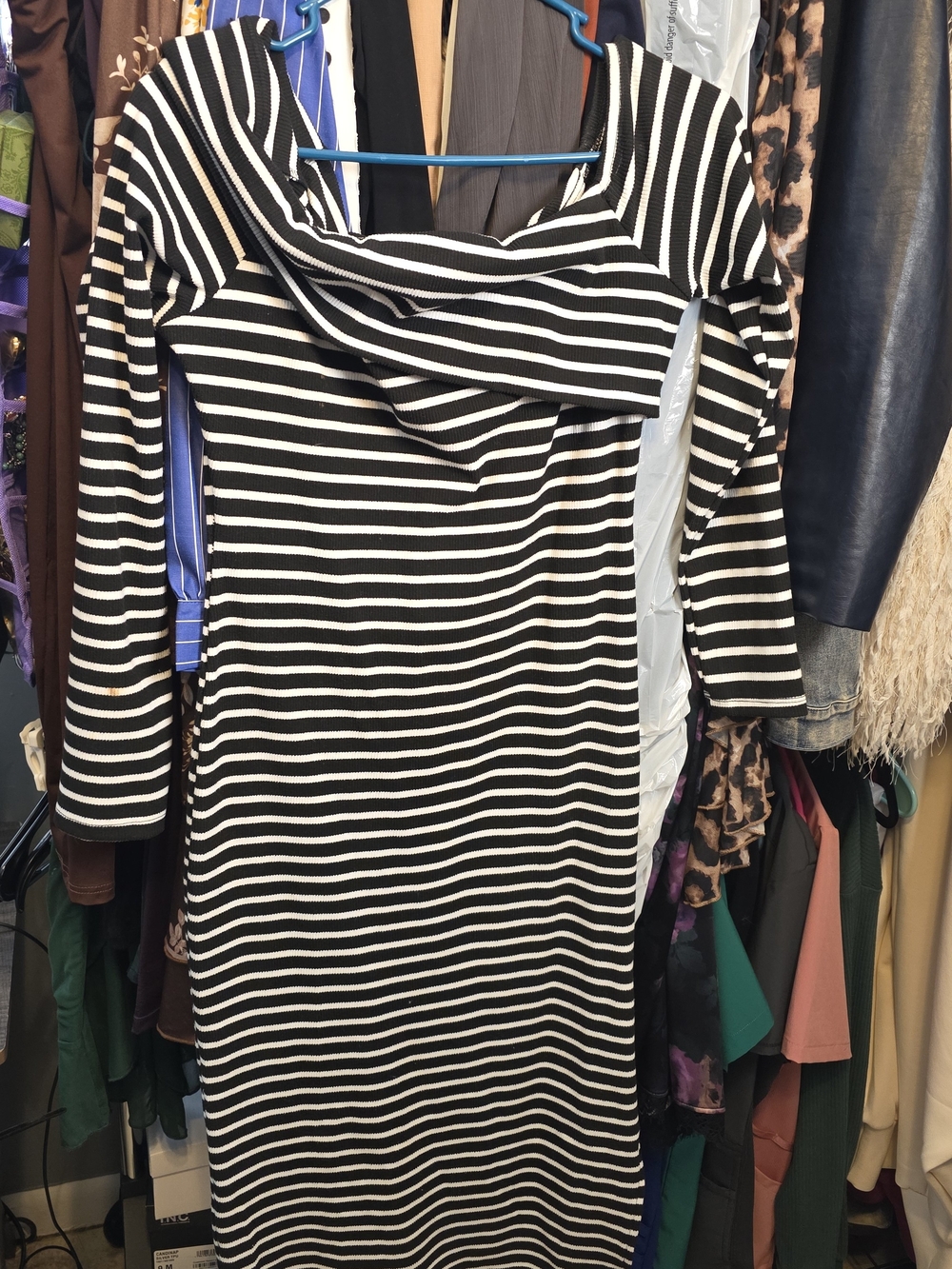 Black and White Striped Off-Shoulder Dress